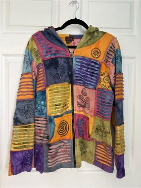 Rising International Multicolor Patchwork Zip-Up Hooded Jacket